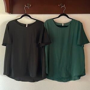 Chiffon Blouses, Ruffle Short Sleeve, Pleated Back. Pack of 2, Black, Green XL